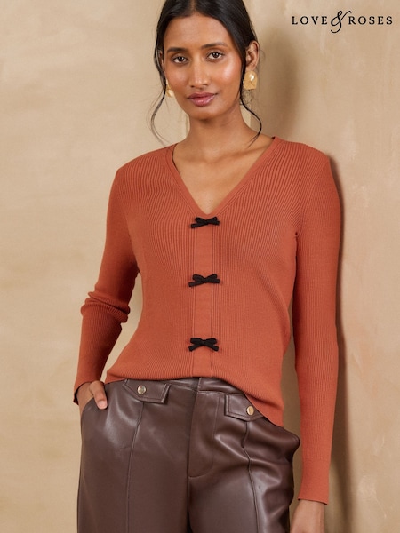 Orange - Love & Roses V-neck Bow Detail Long Sleeve Knitted Top