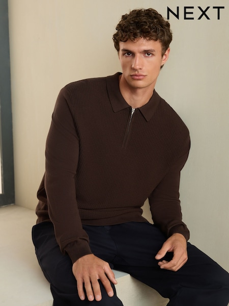 Brown - Regular Smart Textured Quarter Zip Knitted Polo Shirt