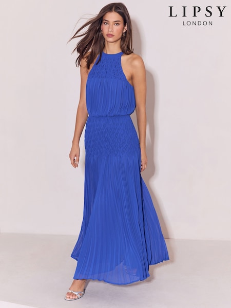 Cobalt Blue - Textured Smock Pleated Skirt Fit And Flare Maxi Dress