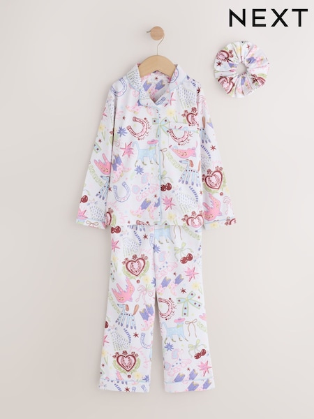 White/Pink Printed - Satin Button Through Pyjamas (3-16yrs)