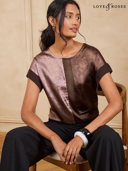 Chocolate Brown - Love & Roses Hammered Satin Colourblock Crew Neck T-shirt