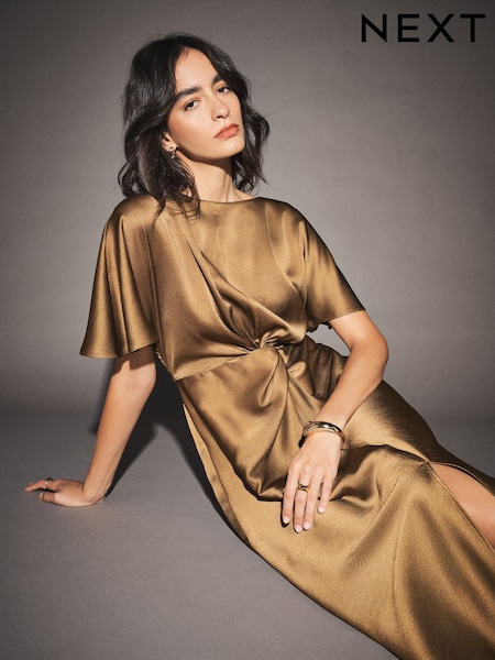 Bronze - Satin Short Sleeve Twist Front Midi Dress
