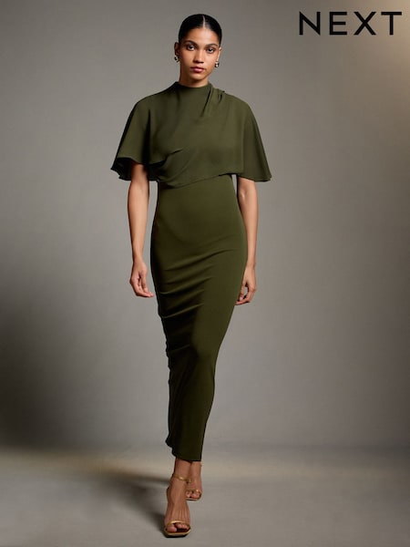 Dark Green - Occasion Sheer Cape Maxi Dress