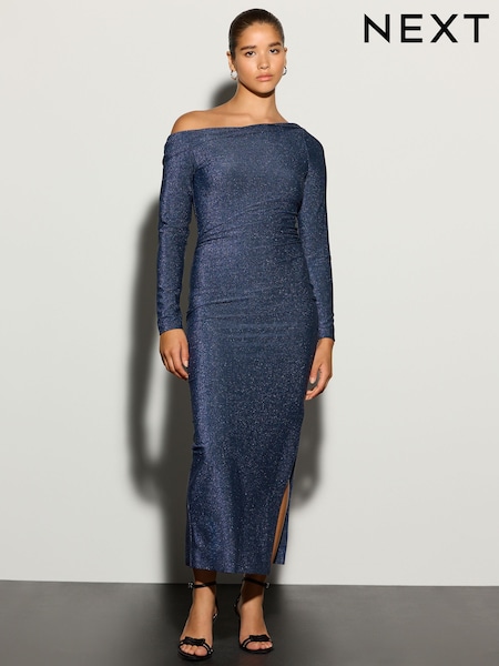 Navy Blue - Long Sleeve Sparkle Bardot Midi Dress