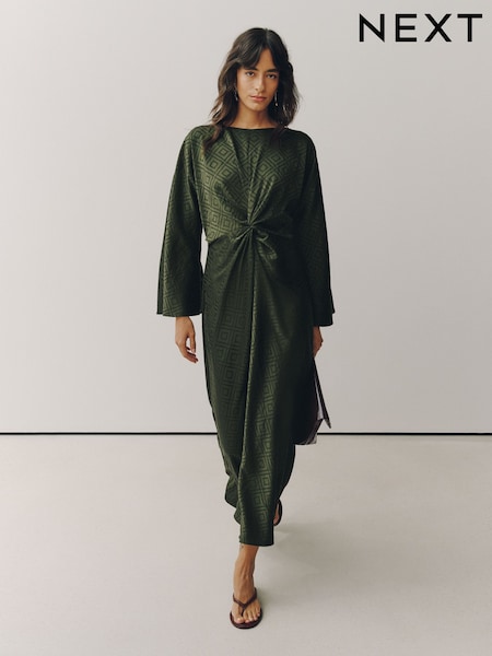 Green Jaquard - Twist Front Long Sleeve Satin Maxi Dress