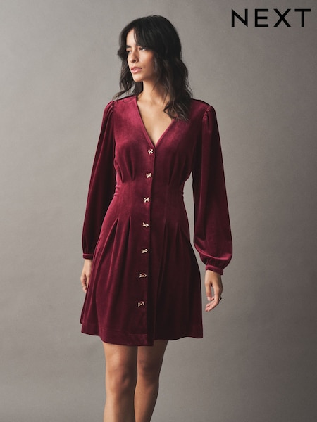 Burgundy Red - Long Sleeve Velvet Cinched Waist Mini Dress