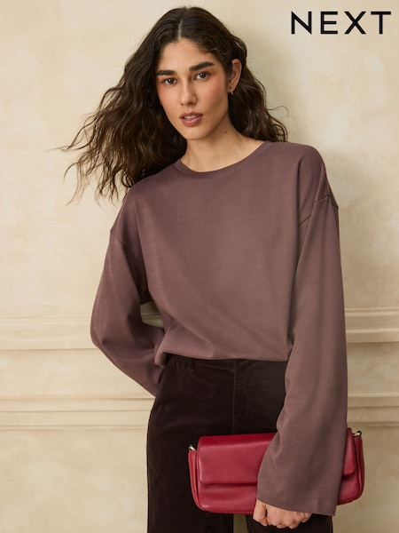 Chocolate Brown - Long Sleeve Boxy Relaxed T-shirt