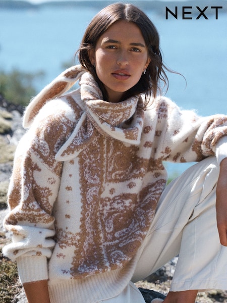 Ecru/Camel Brown - Paisley Knitted Scarf