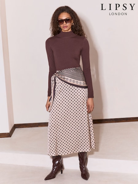 Brown - Lipsy Satin Polka Dot Scarf Detail Midi Skirt