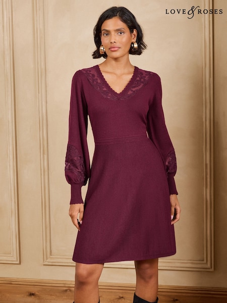 Burgundy Red - Love & Roses Lace Detail V-neck Knitted Mini Dress