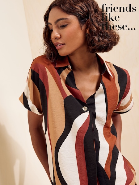 Tan Brown Print - Friends Like These Short Sleeve Button Detail Collared Blouse