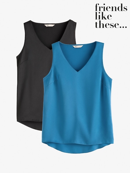 Black And Teal - Friends Like These V-neck Satin Vest Tops 2 Pack