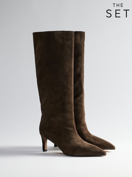 Khaki Brown Suede - The Set Premium Back Pull On Knee High Boots