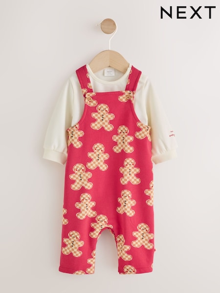 Red Gingerbread Man - Jersey Christmas Dungaree And Bodysuit Baby Set (0mths-3yrs)