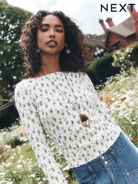 Ecru/Floral - National Trust X Next Shirred Mesh Long Sleeve Button Through Top