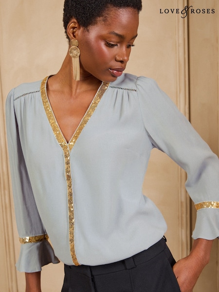Grey - Love & Roses Sequin Trim 3/4 Flute Sleeve Blouse