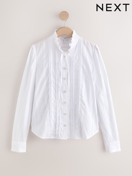 White - Piecrust Collar Tie Detail Long Sleeve Blouse