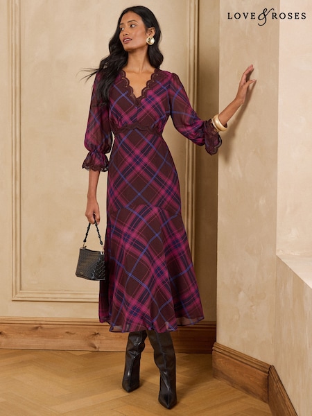 Purple Check - Love & Roses Flounce Hem Lace Trim Midi Dress