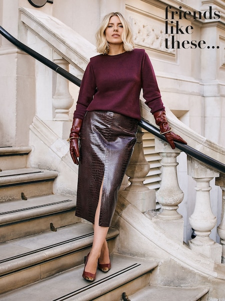 Burgundy Red - Friends Like These Croc Effect Split Front Midi Pu Pencil Skirt