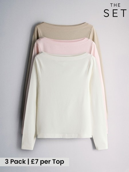 Cream/Taupe/Pink - The Set 3 Pack Boat Neck Long Sleeve Tops