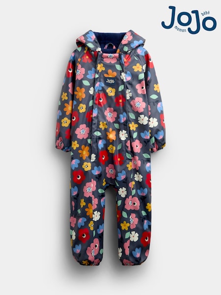 Navy Floral - Jojo Maman Bébé Waterproof Fleece Lined All-in-one Puddlesuit