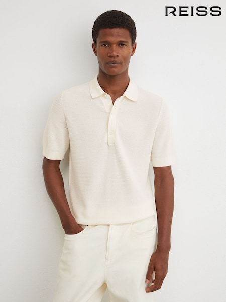 Ecru - Regular Reiss Warren Cotton-blend Basket-stitch Polo Shirt