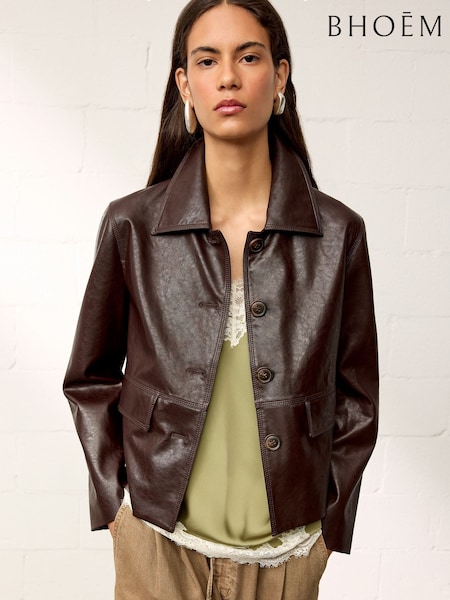 Chocolate Brown - Faux Leather Buttoned Shirt Collar Jacket