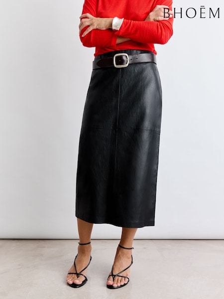 black - Faux Leather Midi Skirt