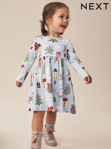 Blue - Long Sleeve Christmas Ribbed Dress (3mths-7yrs)