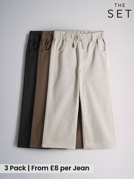Black/Brown/Grey - The Set 3 Pack Tie Waist Pull On Wide Leg Jeans