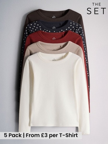 Navy Ditsy Print/Red/White/Chocolate Brown - The Set 5 Pack Rib Jersey T-shirts
