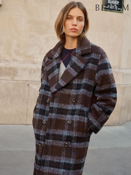 Brown/Navy - Plaid Checks Brushed Wool Blend Maxi Tailored Coat