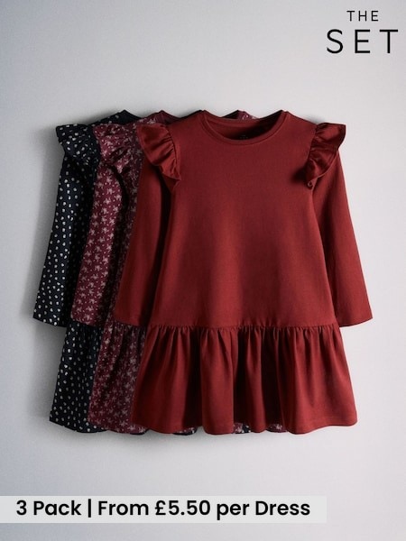 Burgandy Red/Floral Print/Pink - The Set 3 Pack Long Sleeve Drop Waist Jersey Dresses