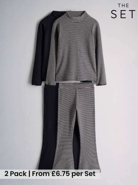 Charcoal Grey Stripe/Navy Blue - The Set 2 Pack Long Sleeve Roll Neck Rib Top And Kickflare Leggings Set