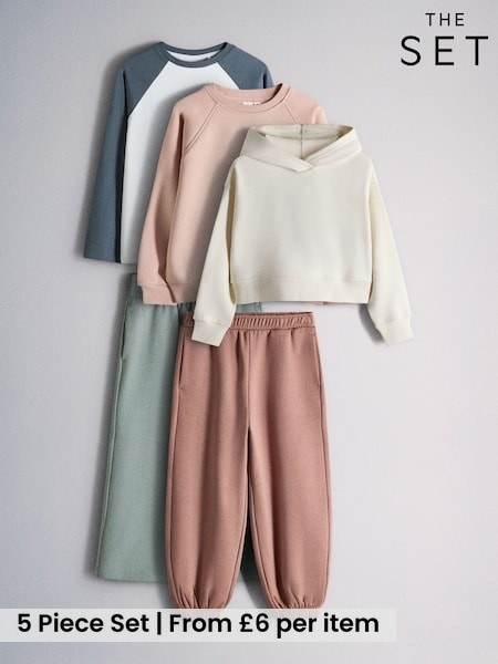 Green/Pink/Cream/Blue - The Set 5 Piece Cropped Hoodie Crew Neck Long Sleeve T-shirt Wide Leg And Cuffed Joggers Set