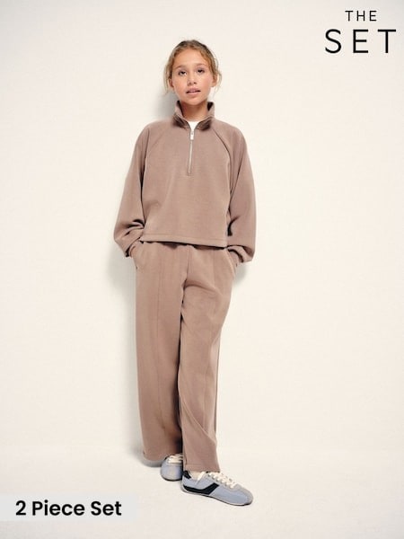 Light Brown - The Set Modal Blend Jersey Zip Neck And Wide Leg Co-ord Joggers