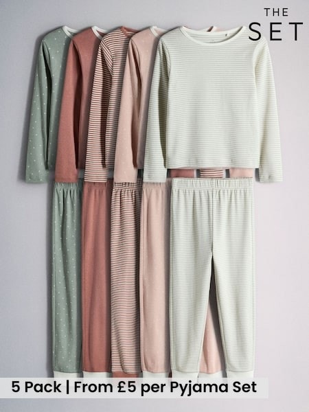 Pink/Green/Cream - The Set 5 Pack Cotton Jersey Long Sleeve Snuggle Pyjamas