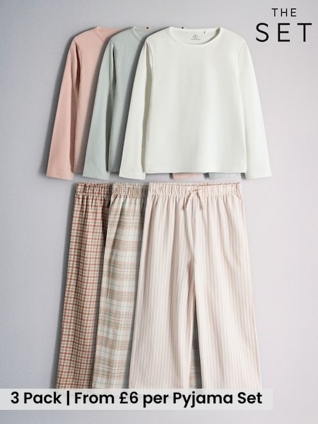 Pink/Green - The Set 3 Pack Long Sleeve Brushed Jersey T-shirts And Wide Leg Pyjamas Set