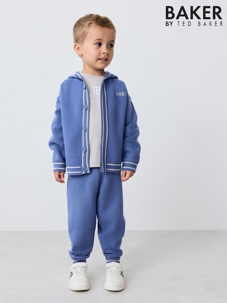 Blue - Baker By Ted Baker 3 Piece Textured Knitted Zip Through Grey T-shirt And Joggers Set