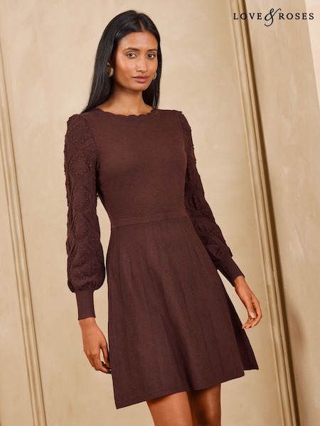 Chocolate Brown - Love & Roses Slash Neck Scalloped Knitted Mini Dress