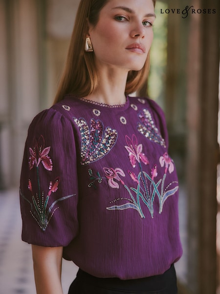 Purple - Love & Roses Floral Embellished Blouse