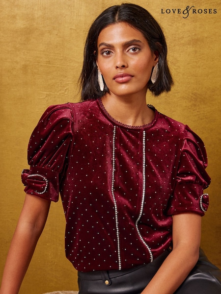 Burgundy Red - Love & Roses Velvet Diamante Detail Bow Puff Sleeve Top