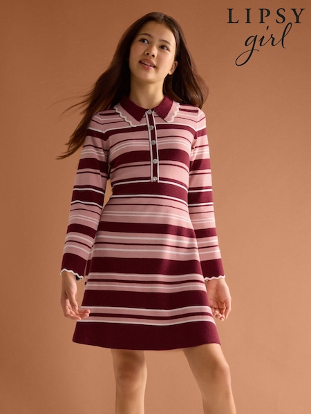 Berry Pink - Lipsy Striped Collared Knit Dress (5-16yrs)