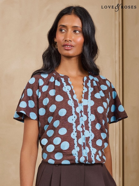 Chocolate Brown Spot - Love & Roses Notch Neck Ric Rac Short Sleeve Top