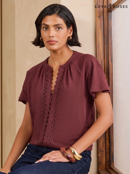Burgundy Red - Love & Roses Notch Neck Ric Rac Short Sleeve Top