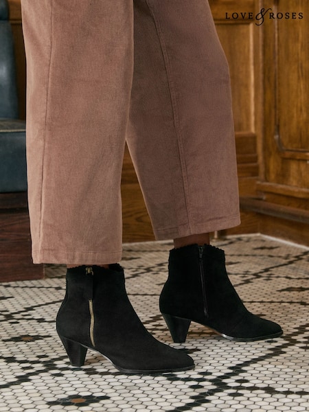 Black - Love & Roses Mid Cone Heel Ankle Boots