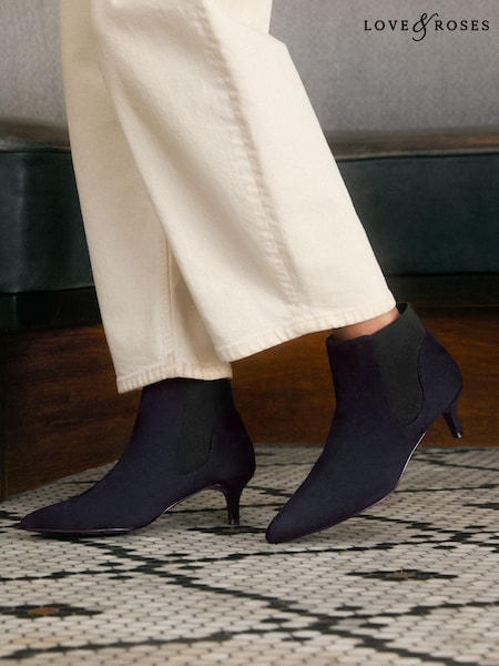 Navy - Love & Roses Faux Suede Kitten Ankle Boots