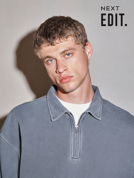 Grey - Regular Edit Heavyweight Boxy Fit Long Sleeve Polo Shirt