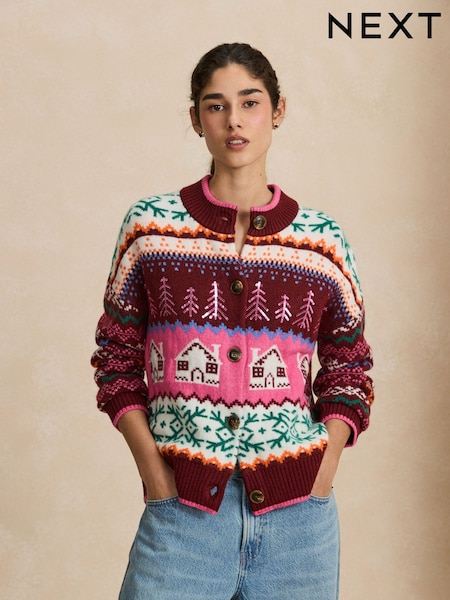 Pink/ Burgundy - Fairisle Christmas Knit Cardigan