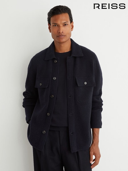 Navy - Regular Reiss Banstead Brushed Wool Button-through Relaxed Overshirt
